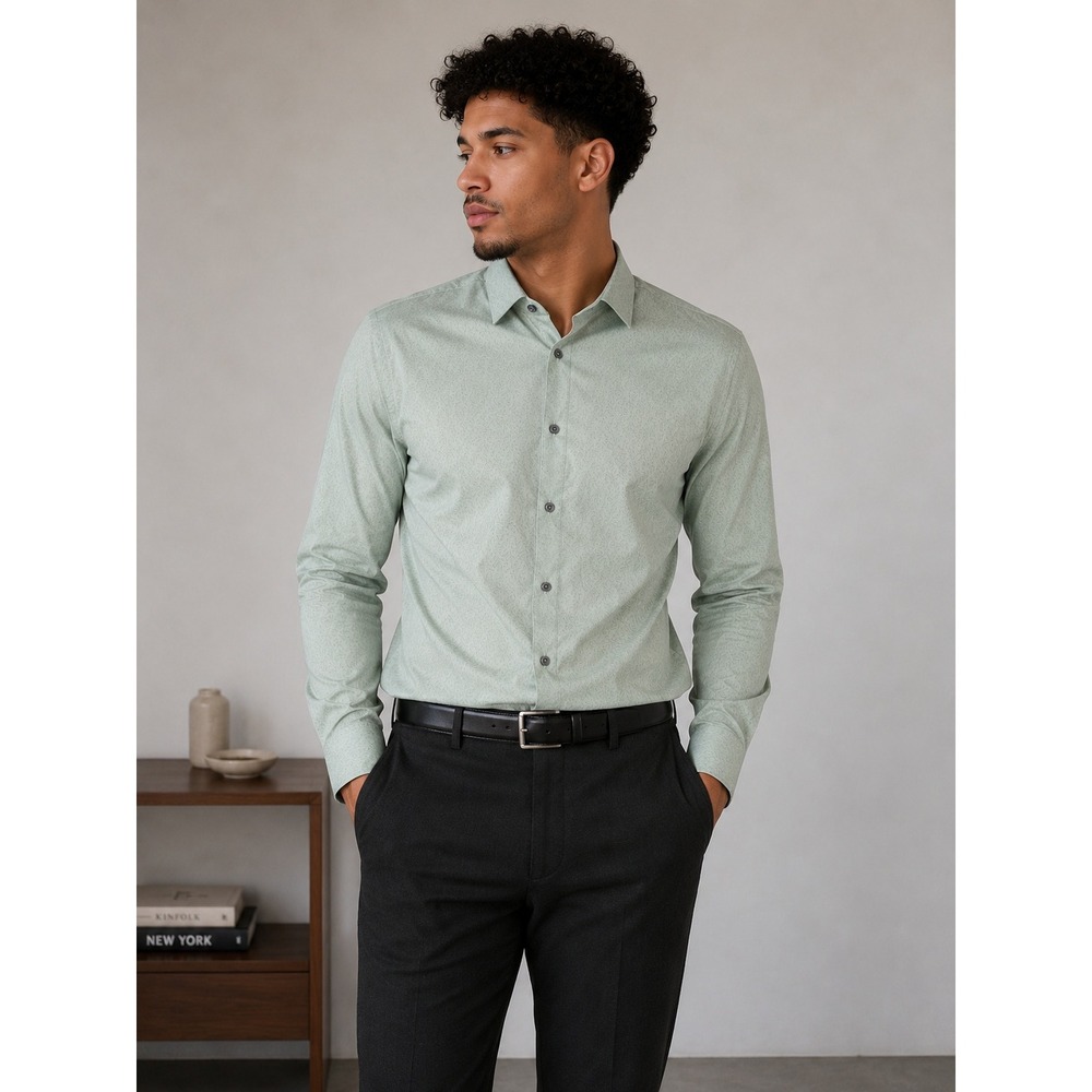 Bar III Slim Fit Stretch Long Sleeve Dress Shirt Mint Green Leaf Print 16-16.5 L